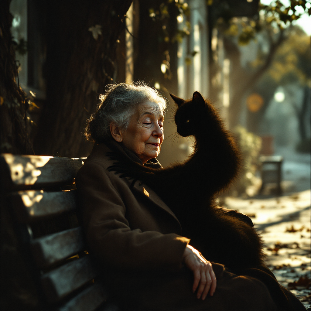 An elderly woman sits on a park bench, gazing serenely as a black cat affectionately nuzzles her. Soft light filters through the trees, hinting at hidden stories in the shadows.