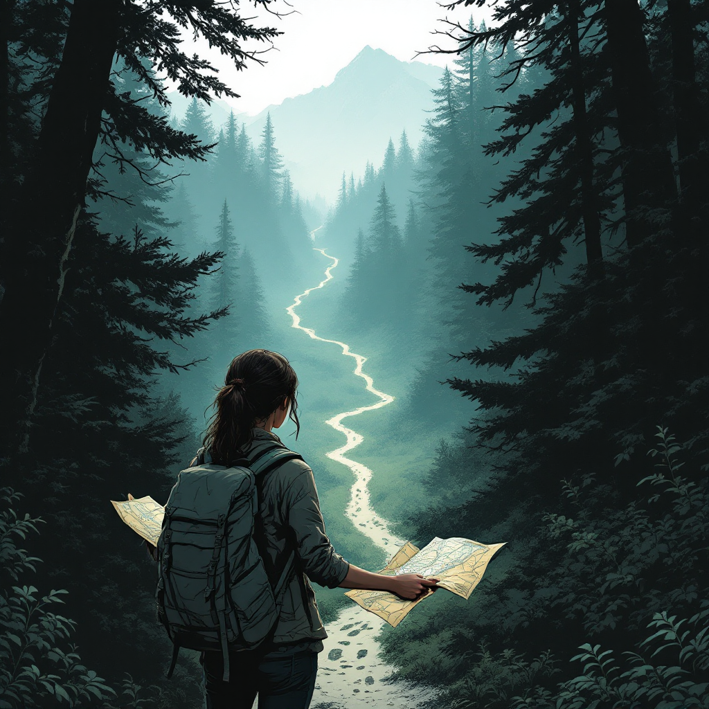 A traveler stands in a lush forest, holding a map. A winding path leads through towering trees towards distant mountains, embodying the quote, Not all those who wander are lost.