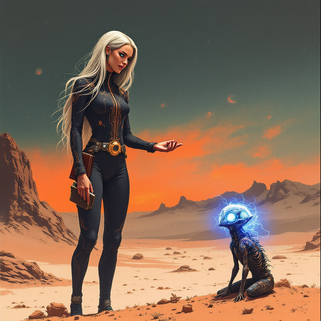 A futuristic figure with long silver hair dressed in a sleek black suit kneels before a small, glowing alien creature in a desert landscape, embodying the essence of true courage and compassion.