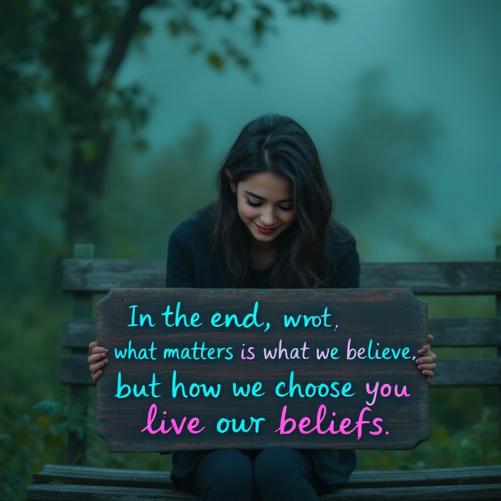 A young woman sits on a bench in a misty forest, holding a sign that quotes, In the end, what matters is not what we believe, but how we choose to live our beliefs.