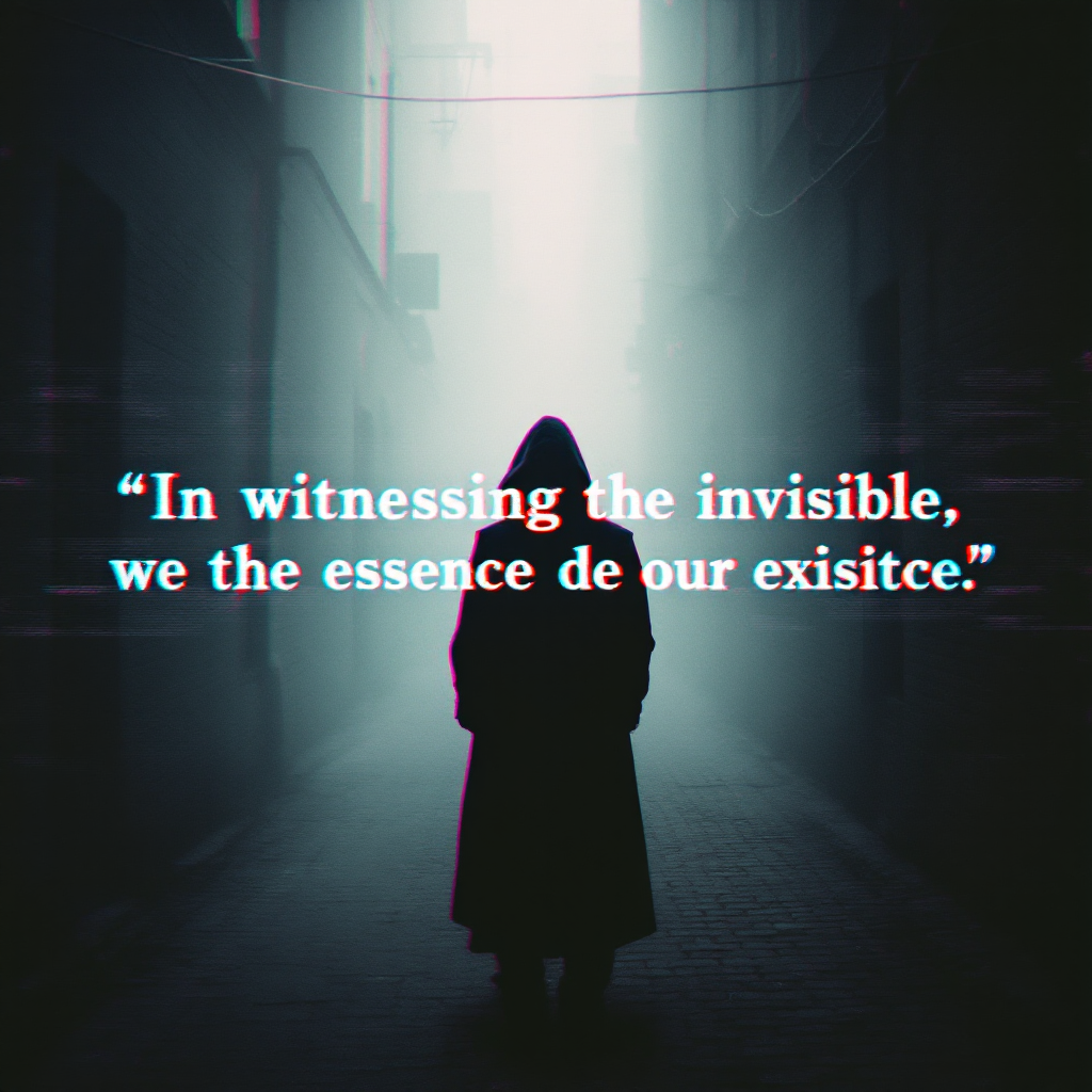 A silhouetted figure stands in a dimly lit alley, shrouded in mist, with the quote, In witnessing the invisible, we engage with the essence of our existence, overlaying the scene.