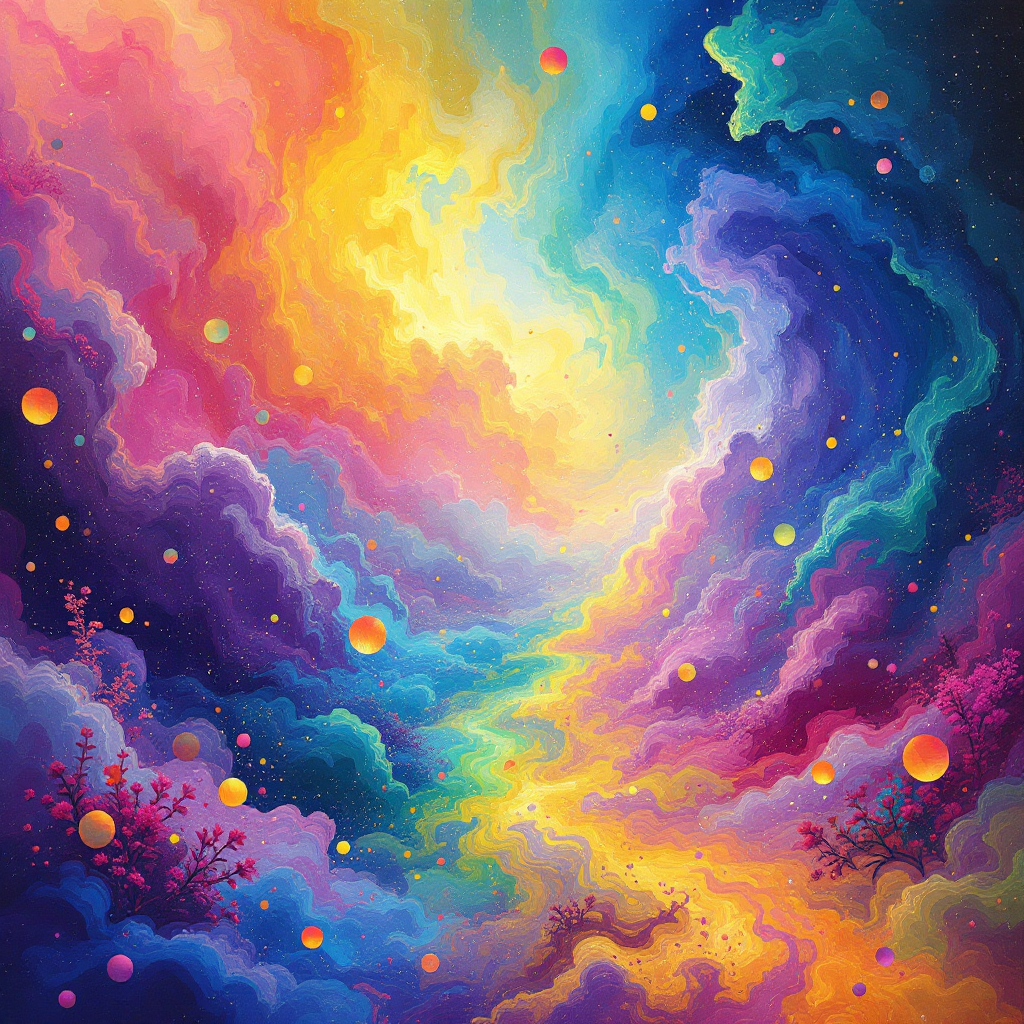 A vibrant cosmic scene filled with swirling clouds of color—blues, pinks, and yellows—interspersed with glowing orbs, evoking the idea that unseen worlds exist beyond our vision.