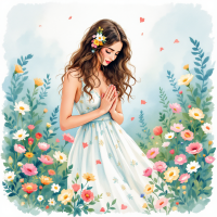 A serene young woman in a flowy white dress stands among a vibrant garden of flowers, her hands clasped in a gesture of reflection, embodying the essence of love and growth.