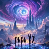 Silhouetted figures stand on a cosmic landscape, gazing at swirling galaxies and towering spires, symbolizing the journey of building bridges among the stars.