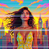 A confident woman with flowing hair stands against a vibrant city skyline, wearing a yellow floral dress. The colorful sunset reflects her journey toward personal happiness.