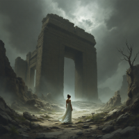 A lone figure in a flowing dress stands before a towering, crumbling archway amidst a desolate landscape, evoking themes of nostalgia and the haunting nature of the past.