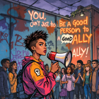 A young activist with a megaphone stands before an engaged crowd, vibrant graffiti behind her emphasizes the quote about the importance of being a good ally.