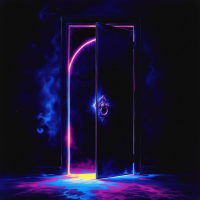 An open door emits vibrant, swirling colors and mystical smoke, symbolizing the transition from life to the unknown, reflecting the quote, Death is but the door to the unknown.