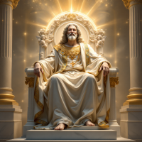 A majestic figure representing God, adorned in flowing robes and seated on a throne, radiating light and love in a grand, divine atmosphere, symbolizing ultimate relational love.