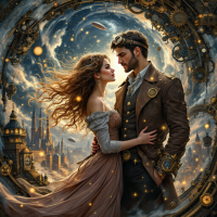 A steampunk couple embraces in a fantastical setting, surrounded by shimmering lights and a cosmic backdrop, embodying the sentiment that love knows no limits.