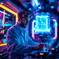 A scientist in a lab coat operates advanced equipment surrounded by glowing screens and a bright, blue plasma chamber, embodying the spirit of sciencing the shit out of this.