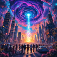 A vibrant, futuristic cityscape with skyscrapers and a swirling, colorful vortex in the sky, symbolizing the idea that the future is created, not simply entered.