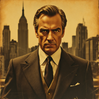 A stern man in a vintage suit stands against a backdrop of skyscrapers, exuding confidence and indifference, echoing the quote, Frankly, my dear, I don't give a damn.