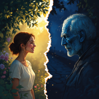 A woman in sunlight smiles at an elderly man in shadow. The split imagery symbolizes how moments and choices shape our identities across time.