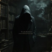 A cloaked figure stands in a shadowy library, surrounded by books. Smoke curls around them as the quote about keeping secrets is displayed ominously beneath the figure.