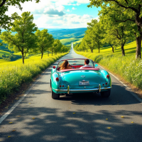 A turquoise convertible drives down a picturesque, tree-lined road, embodying the sentiment that the journey is as important as the destination, with lush green hills in the background.