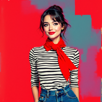 A young woman smiles confidently, wearing a striped shirt and a bright red scarf, against a vibrant red and teal background, embodying a mix of charm and warmth, reminiscent of deep relationships.