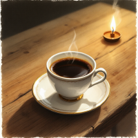 A warm cup of coffee sits on a wooden table beside a softly glowing candle, evoking the quiet beauty of small moments strung together like pearls on a thread.