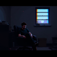 A tired man sits alone in a dark room, staring down with a worn expression, reflecting quiet fatigue that has dulled his anger and silenced his questions.