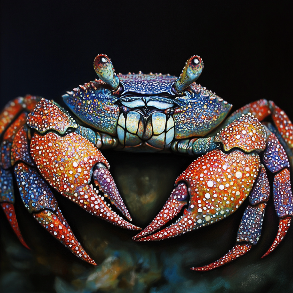 A vibrantly colored crab with detailed, jewel-like markings on its claws and shell, evoking the imagery of scintillating jewelled scuttling crabs from a book quote.