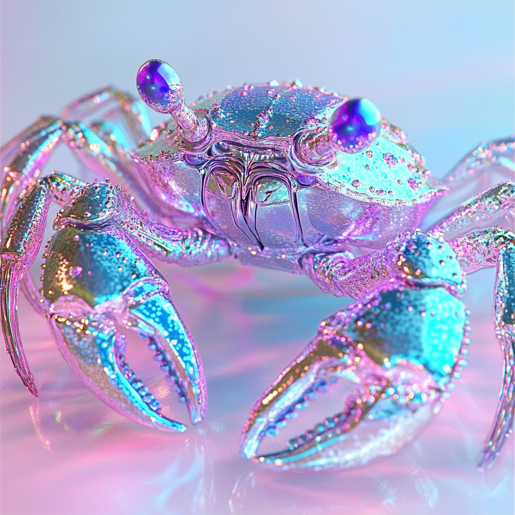 A vibrant, jewelled crab with iridescent colors and sparkling details, evoking the description scintillating jewelled scuttling crabs from the book quote.