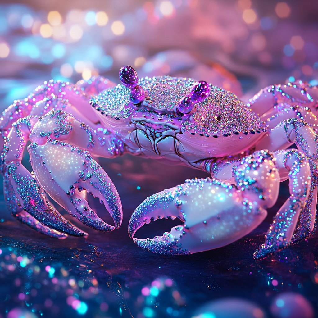 A crab adorned with glistening, jeweled decorations, set against a vibrant, shimmery background, inspired by the quote scintillating jeweled scuttling crabs.