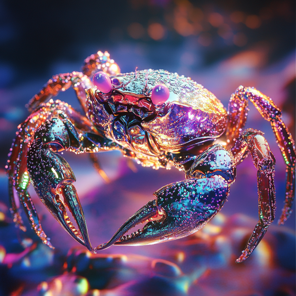 A shimmering crab adorned with jewelled colors glows under vibrant lights, inspired by the phrase scintillating jewelled scuttling crabs.