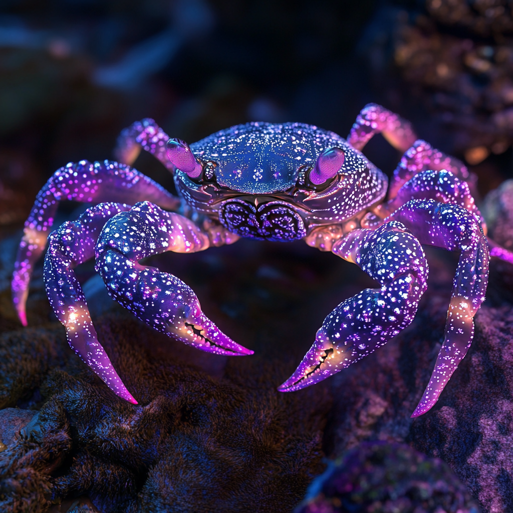 A luminescent crab adorned with purple and blue jewel-like patterns on its shell and claws, set against a dark, underwater background.