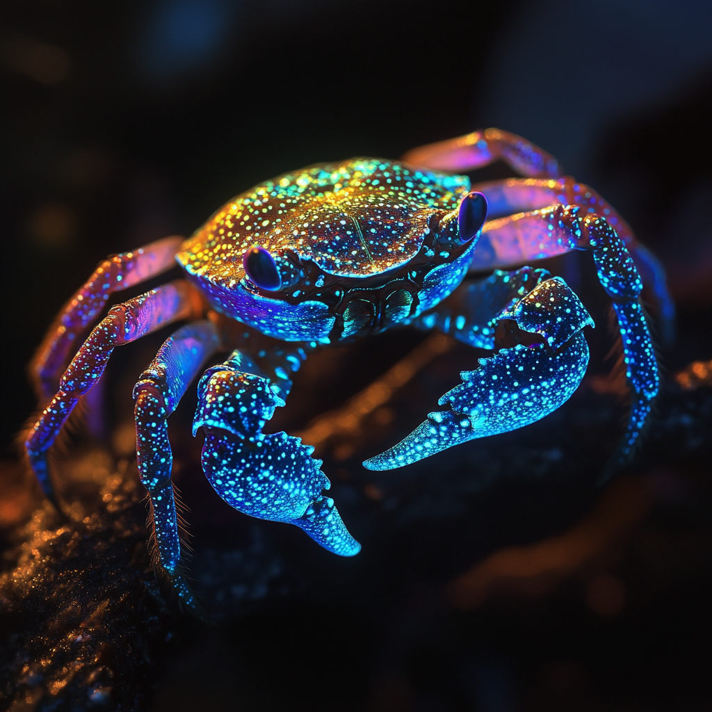 A vivid, jeweled crab, glowing with electric blue and iridescent hues, sits against a dark background, embodying the phrase scintillating jewelled scuttling crabs.