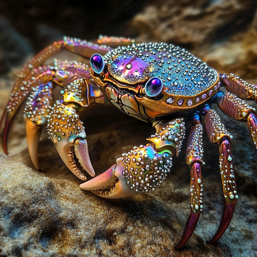 A vibrant, jewelled crab with scintillating colors and textures scuttles on a rocky surface, reflecting the description from the book quote.