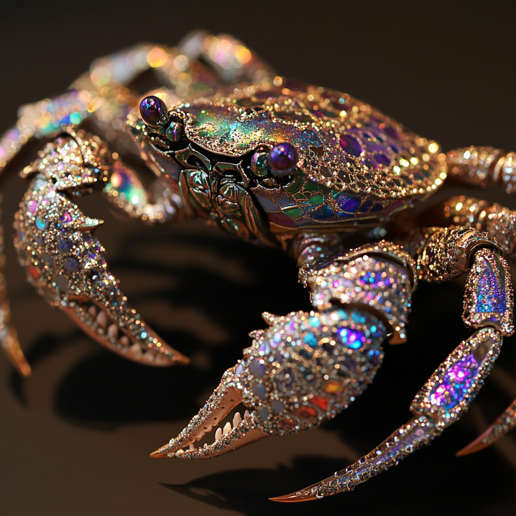 A vividly colored, jewel-encrusted crab with intricate details, surrounded by a dark background.