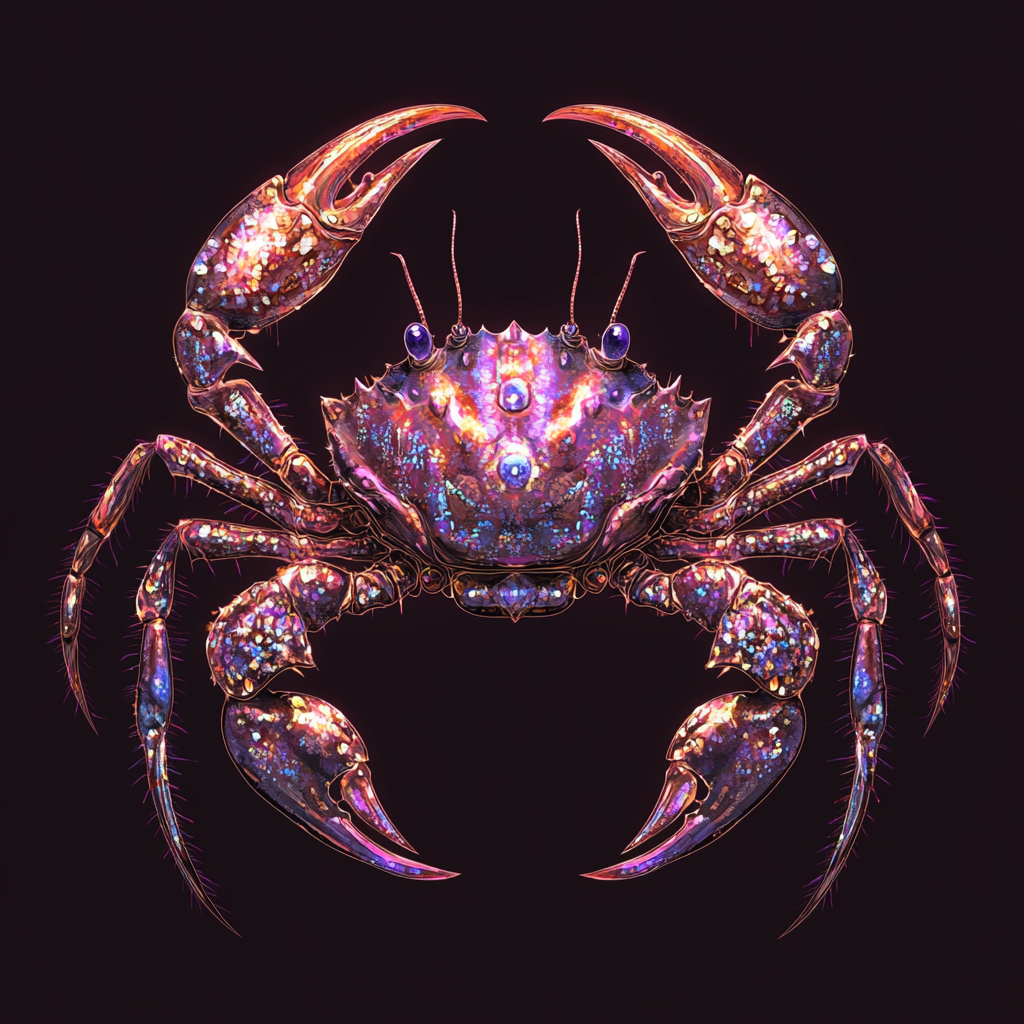 An image of a crab with scintillating, jewel-like colors, inspired by a book quote. The crab's body and pincers are adorned with vibrant, iridescent sparkles against a dark background.