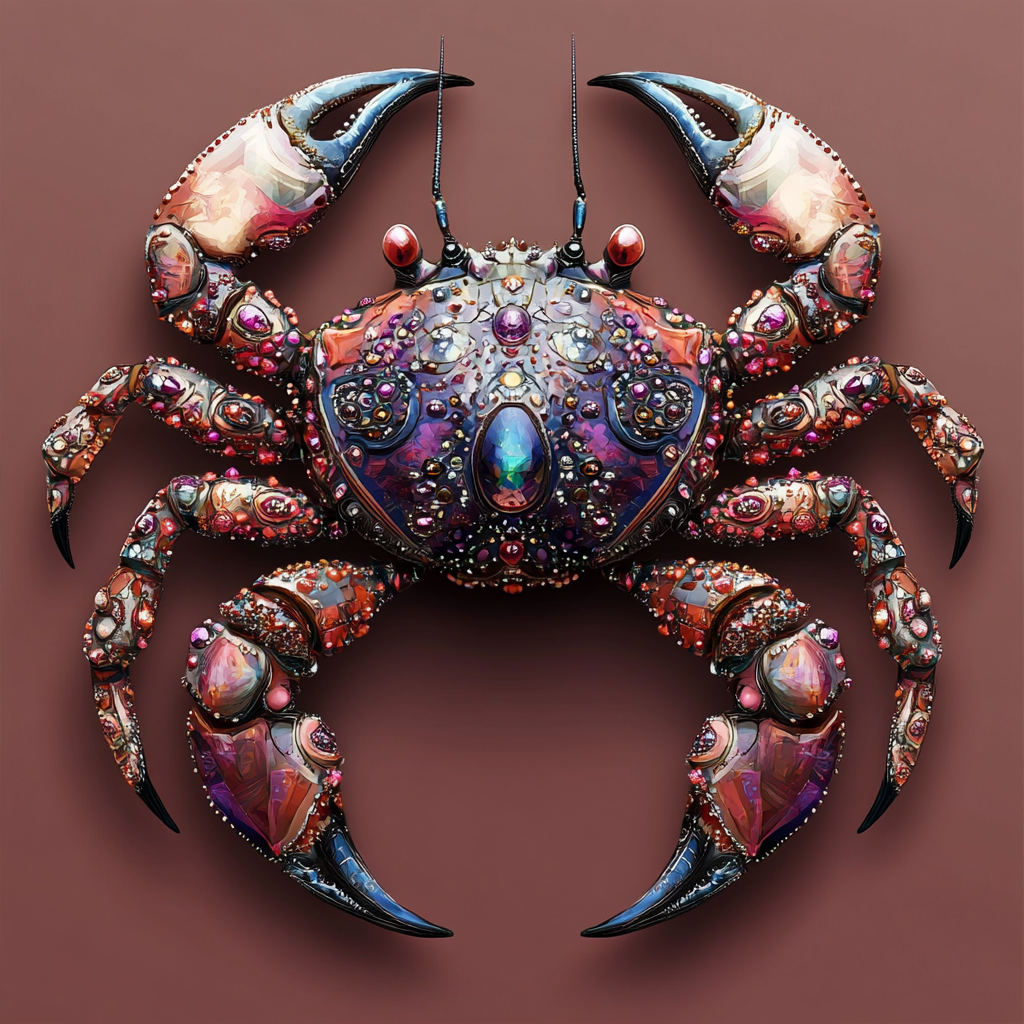 A detailed, jewelled crab with vibrant, iridescent colors and intricate designs, reflecting the quote scintillating jewelled scuttling crabs. The crab is richly adorned in colorful, shimmering patterns.