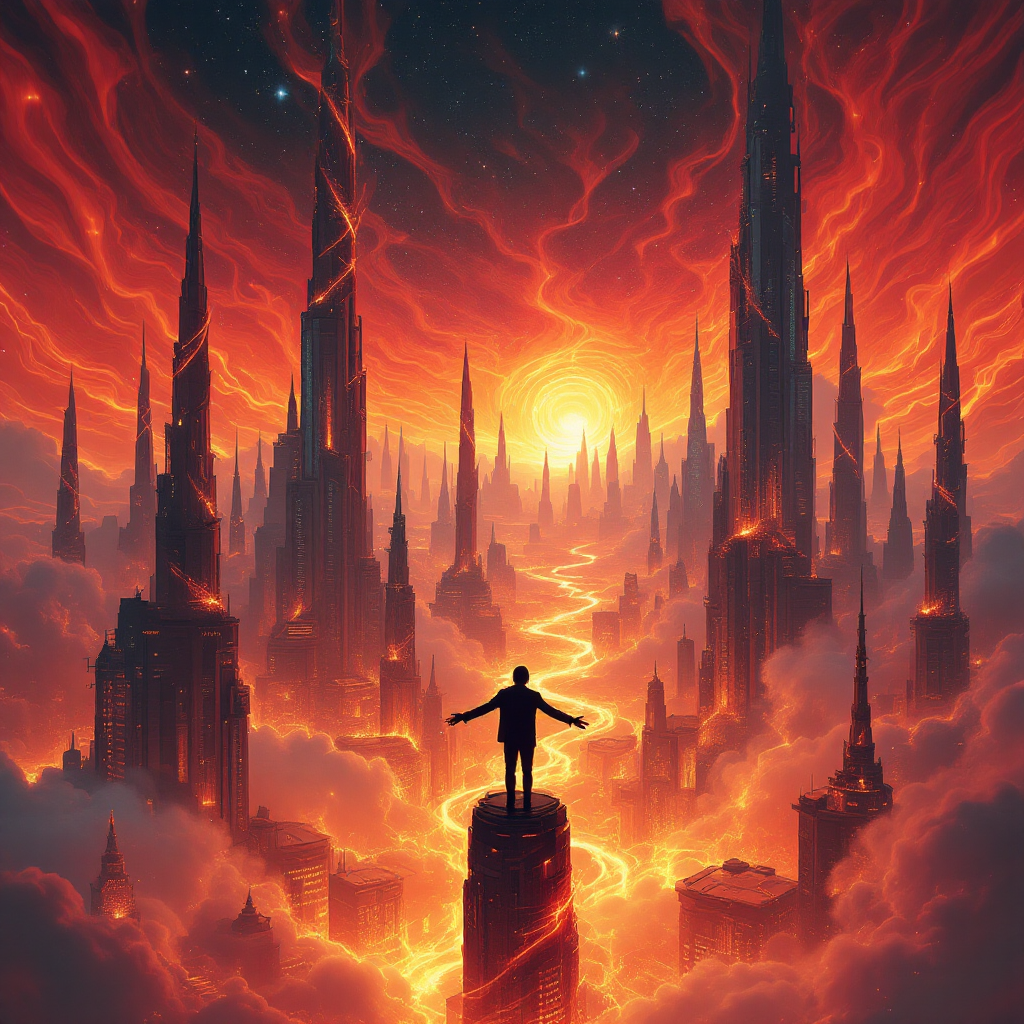 A silhouetted figure stands atop a rocky spire, gazing over a fiery, otherworldly cityscape with towering spires, symbolizing science fiction as a reflection of society's future possibilities.