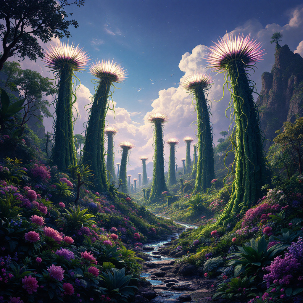 A vivid landscape features towering, bioluminescent plants resembling Triffids, surrounded by lush foliage and a winding stream, evoking a sense of life beyond mere vegetation.