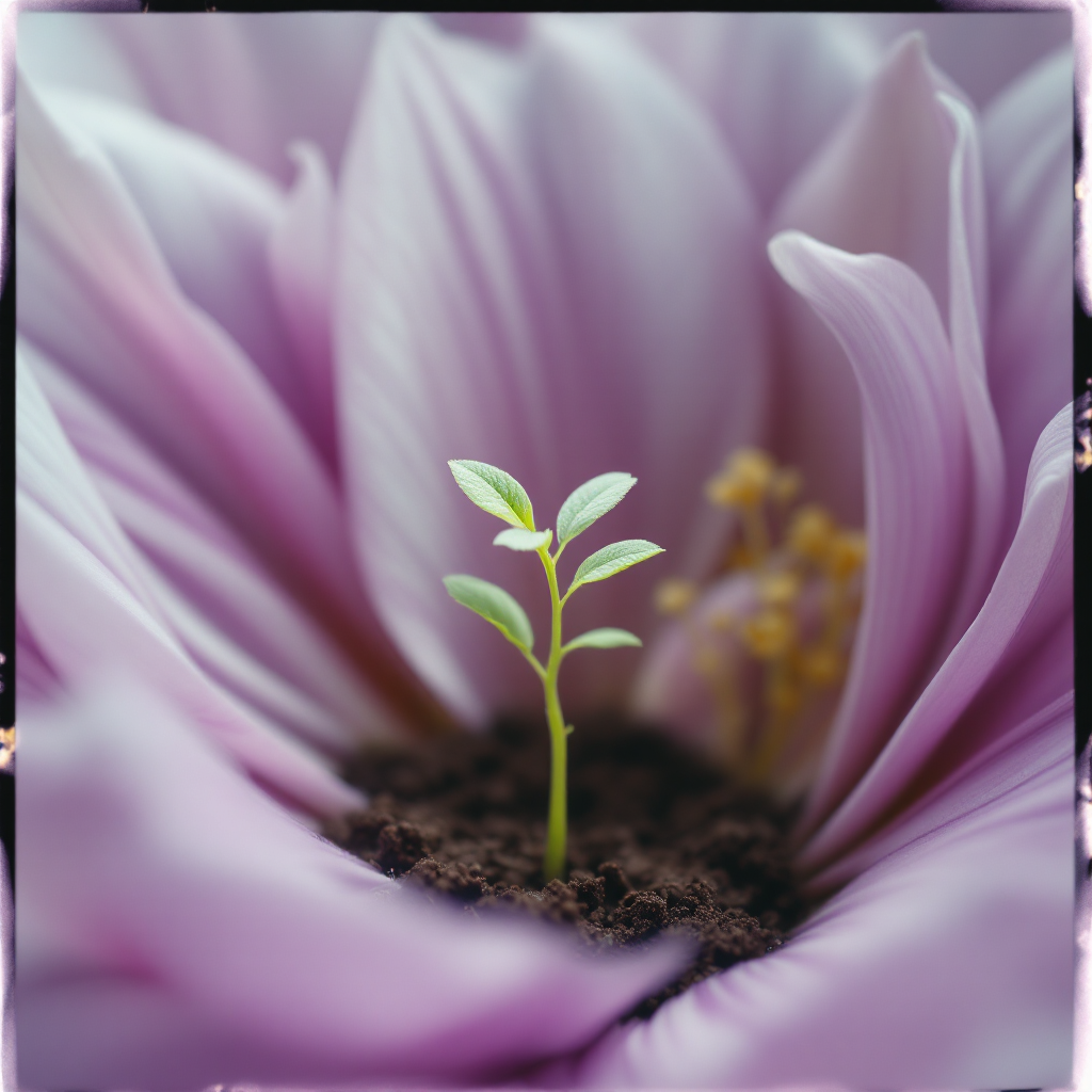 A delicate green seedling emerges from rich soil nestled within the soft, pink petals of a flower, embodying the essence of hope and beauty from the quote about Zikola.