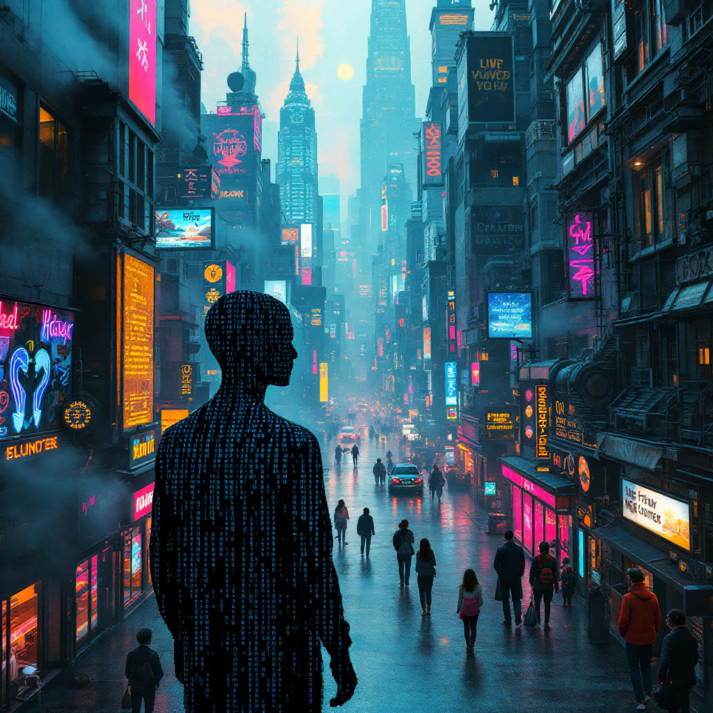 A figure silhouette stands amid a vibrant, neon-lit cityscape, symbolizing the interplay between reality and the narratives we create for ourselves.