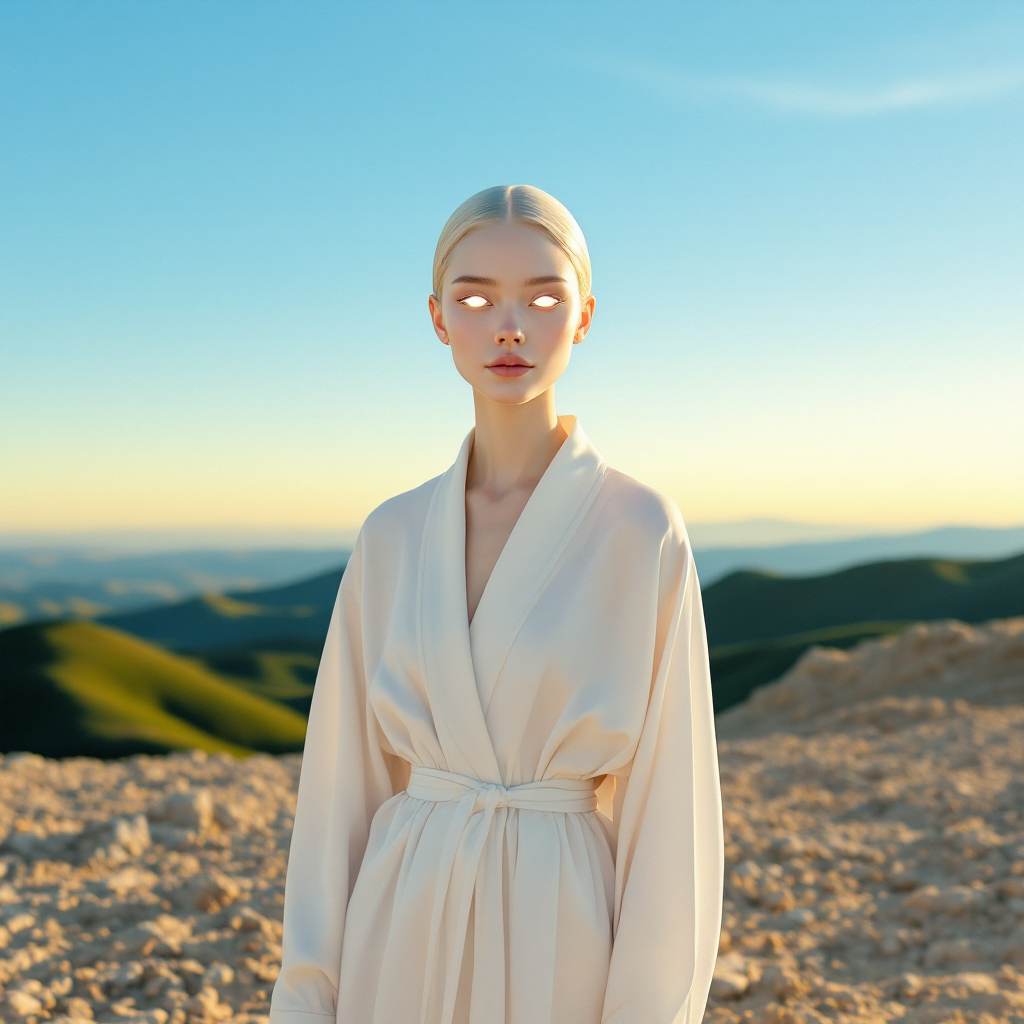 A serene figure in a flowing white robe stands on a rocky landscape, gazing ahead with glowing eyes, embodying the essence of bravery beyond comfort and ease.