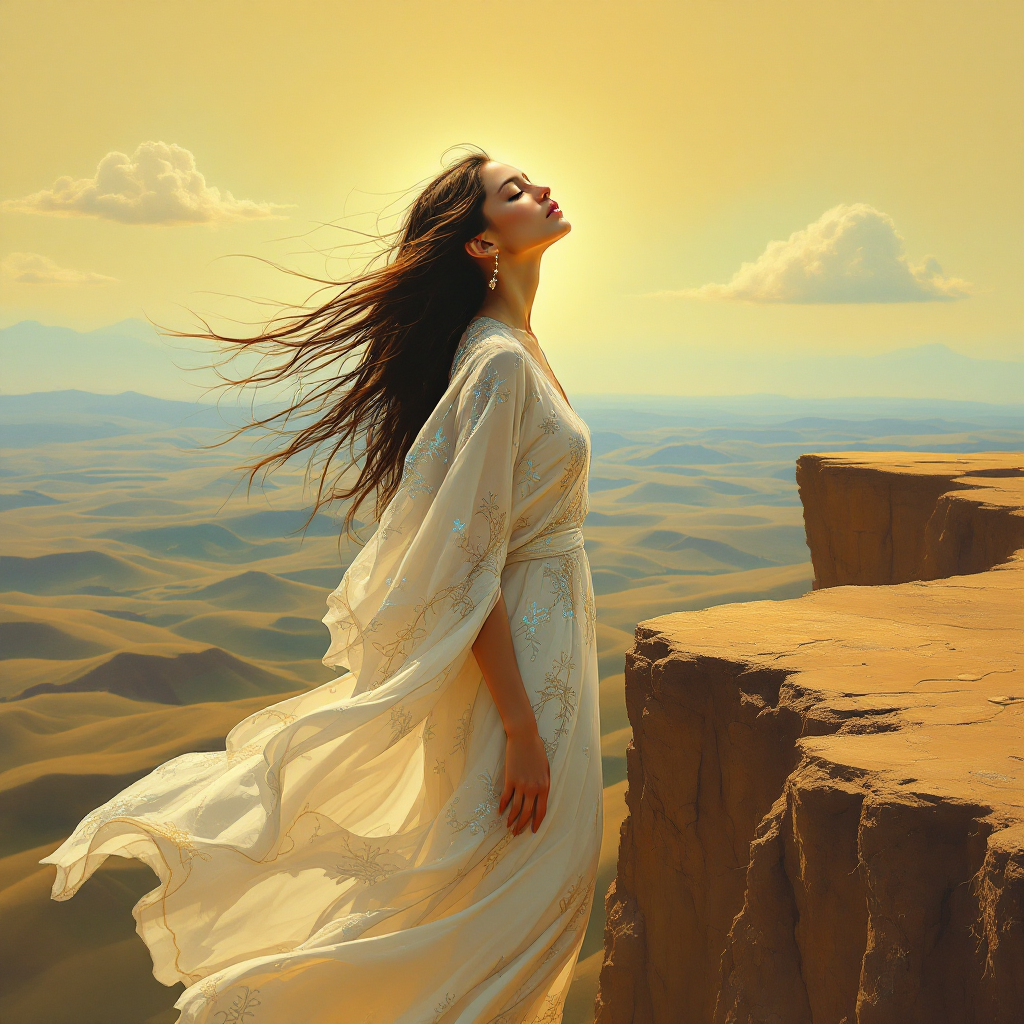 A woman in a flowing white dress stands on a cliff, gazing towards the horizon, with the sun illuminating her face, embodying the essence of true freedom and clarity without illusions.