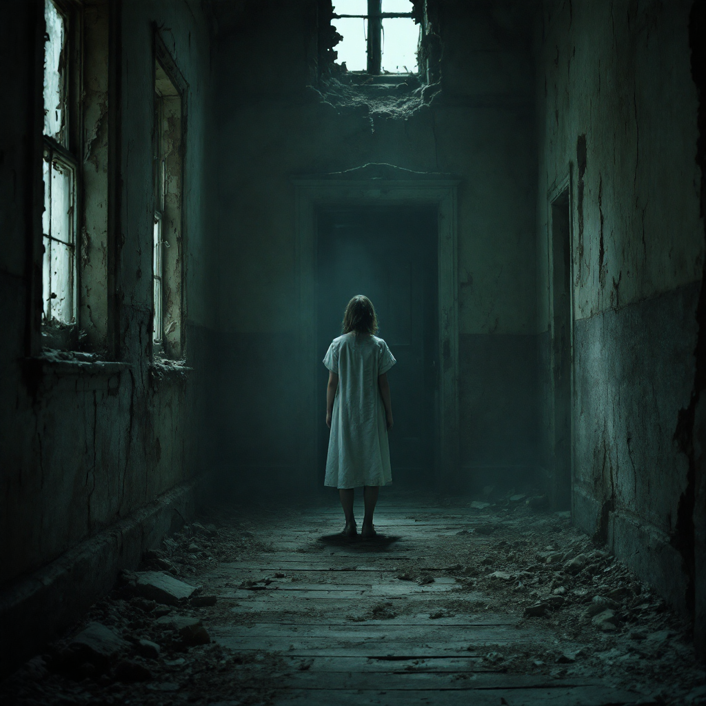 A lone figure in a white dress stands in a dark, dilapidated hallway, evoking a sense of isolation and despair, reflecting the haunting quote about dying alone.