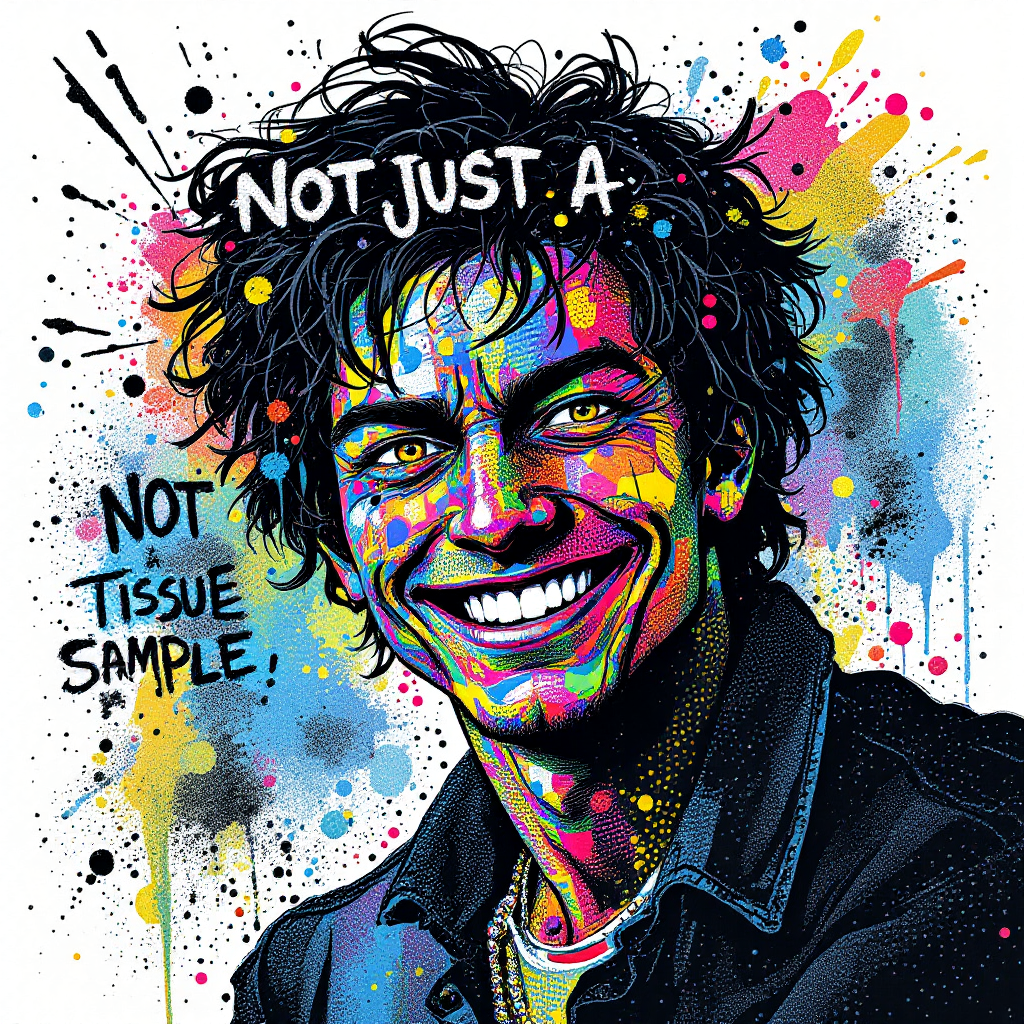 A vibrant, colorful portrait of a smiling young man, surrounded by splashes of paint. Text reads, “NOT JUST A. NOT TISSUE SAMPLE!” emphasizing his humanity.