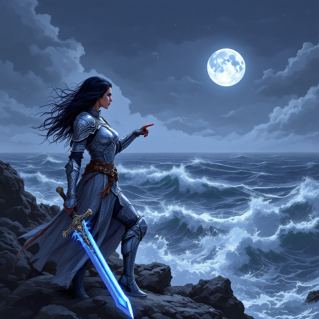 A courageous warrior in shining armor stands on rocky shores, sword in hand, gazing at the moonlit ocean, embodying the spirit of confronting fear head-on.