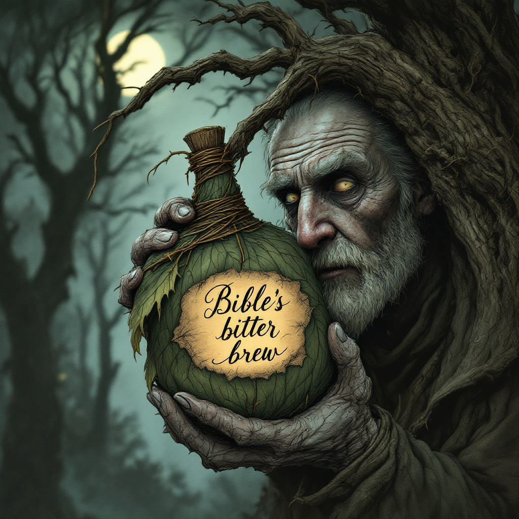 An eerie figure with a gnarled face holds a green bottle labeled Bible's Bitter Brew, set against a dark, twisted forest, capturing the tension between scripture and temptation.