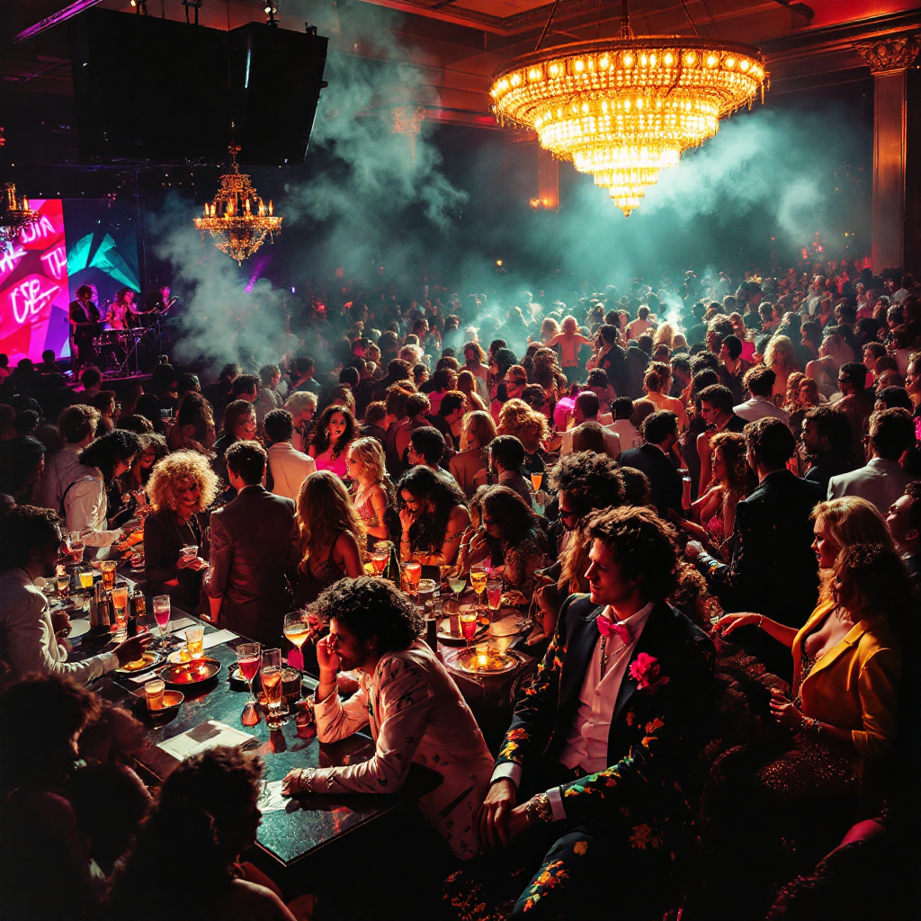 A crowded party scene filled with guests in vibrant outfits, laughter and music echoing under a grand chandelier, embodying the quote’s contrast between intimacy and privacy in large gatherings.