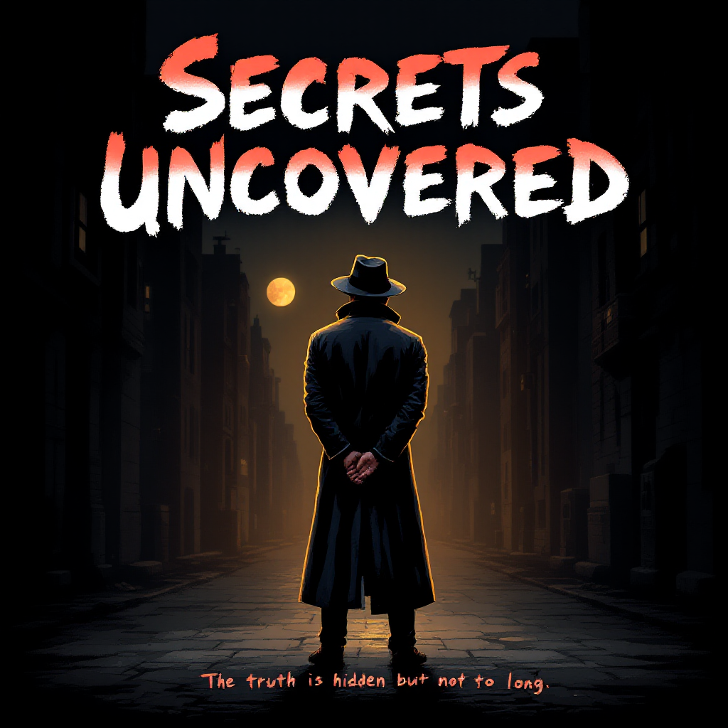 A silhouette of a mysterious figure stands in a dark alley under a full moon, with bold text declaring Secrets Uncovered, reflecting the theme of hidden truths and unseen secrets.