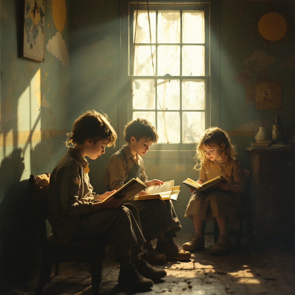 Three children sit in a sunlit room, deeply focused on their books. Soft rays illuminate their expressions, capturing the essence of understanding and feeling through reading.