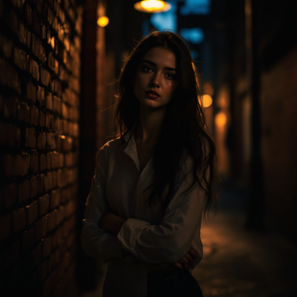 A young woman stands in a dimly lit alley, her expression contemplative. Shadows play against the brick walls, embodying the contrast of light and secrets within.