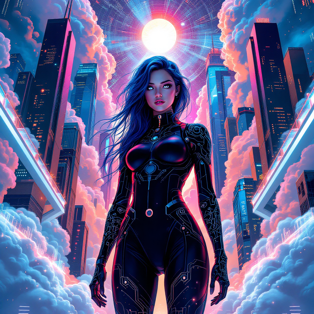 A confident figure in a futuristic suit stands amidst towering skyscrapers, surrounded by vibrant clouds and a radiant sun, symbolizing self-creation and personal destiny.