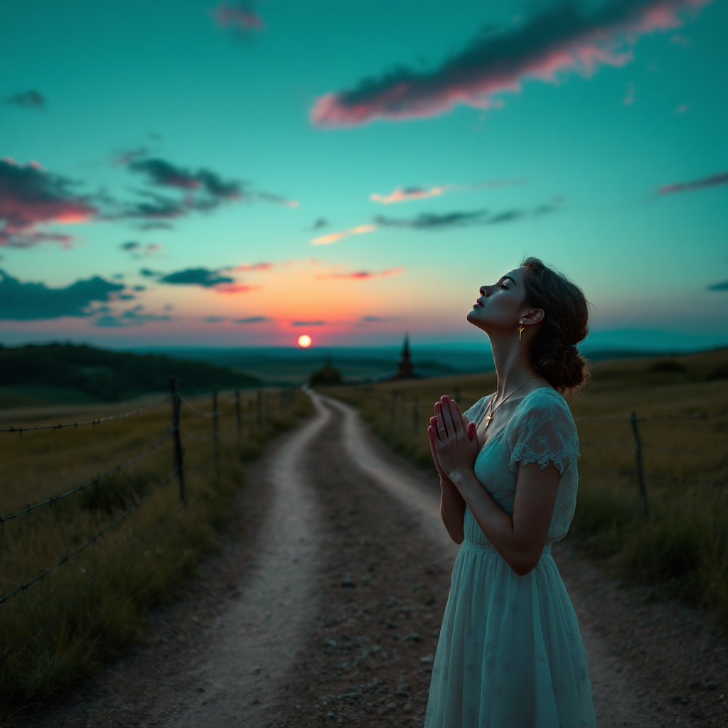 A woman in a white dress stands on a winding dirt road, gazing upward with hands clasped in prayer as a vibrant sunset fills the sky, embodying faith guiding her home.