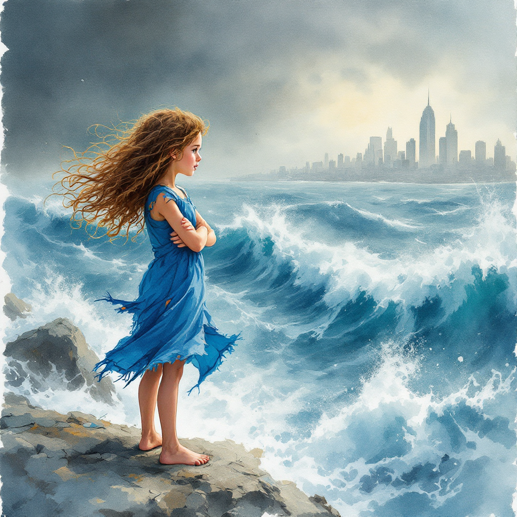 A young girl in a flowing blue dress stands confidently on a rocky shore, gazing at turbulent waves and a distant city skyline, embodying the courage to stand up for what’s right.